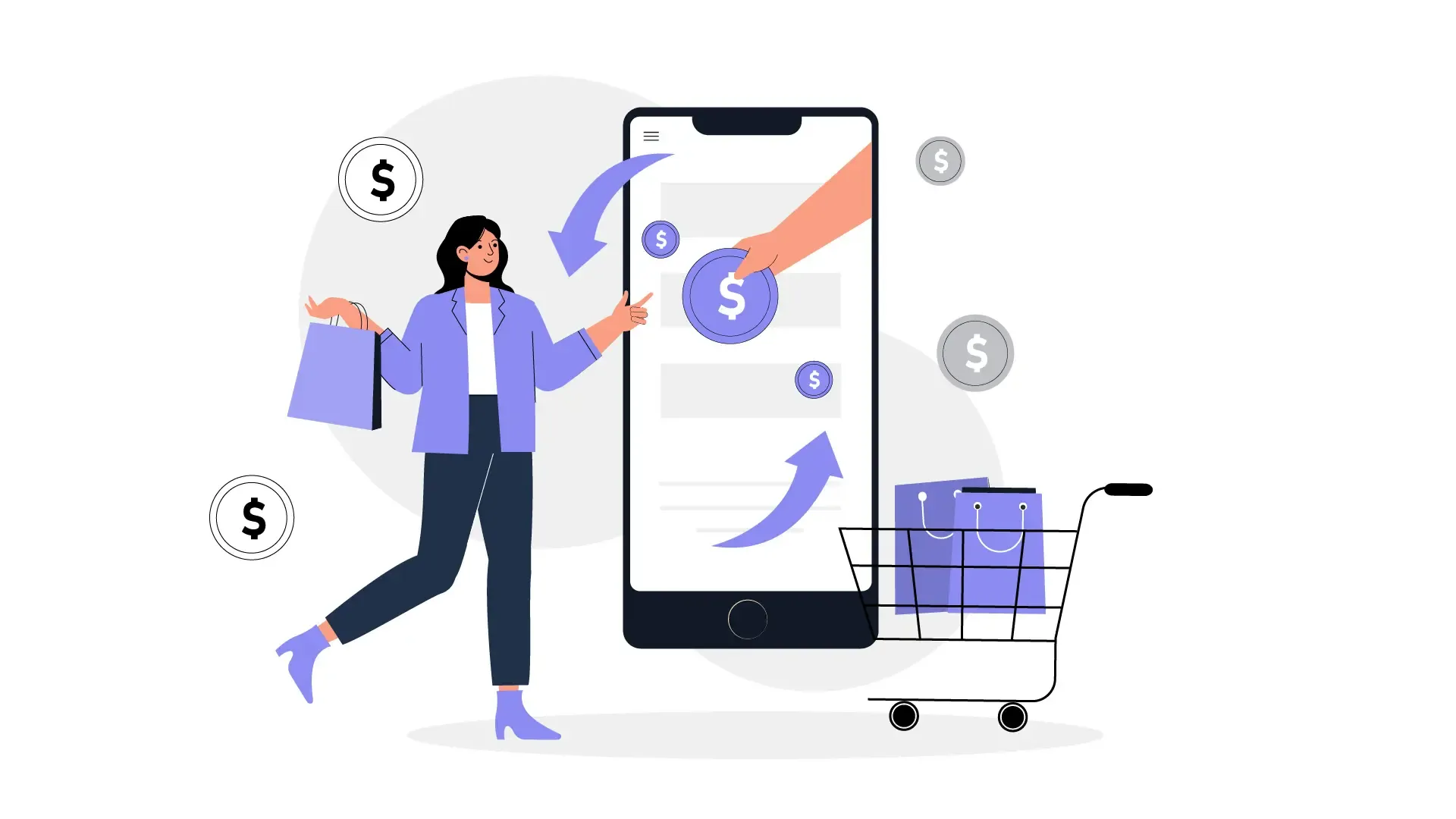 Woman Getting Cashback Rewards via Mobile Shopping Flat Illustration